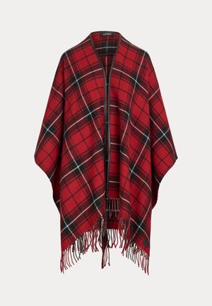 Piros kockás poncsó, fröccsöntött aljjal, nyitott elülső résszel és cipzárral, fekete és fehér kiegészítőkkel a kockás mintán. Puha szövetből készült.