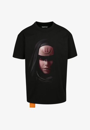 Black T-shirt featuring a graphic print of a masked figure with a light-colored forehead emblem and an orange tag at the hem.