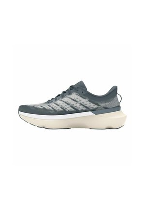 Baskets de sport gris foncé avec une tige en maille texturée, des accents gris clair, une semelle rembourrée et un design minimaliste, dotées d'une semelle intermédiaire blanche.