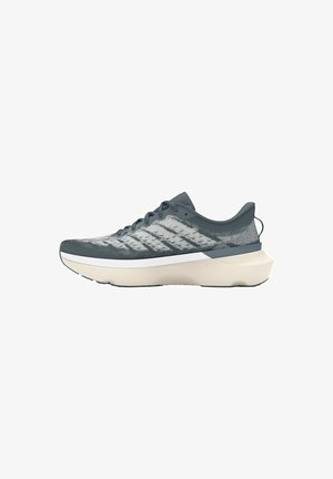 Donkergrijze sportieve schoen met een gestructureerde gebreide bovenkant, lichtgrijze accenten, een gevoerde zool en een minimalistisch ontwerp, waaronder een witte tussenzool.
