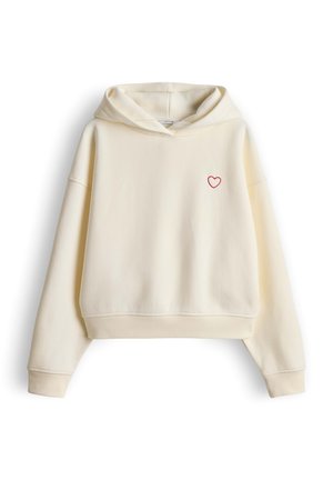 Roomkleurige cropped hoodie met lange mouwen en een klein rood hart geborduurd op de linkerborst.