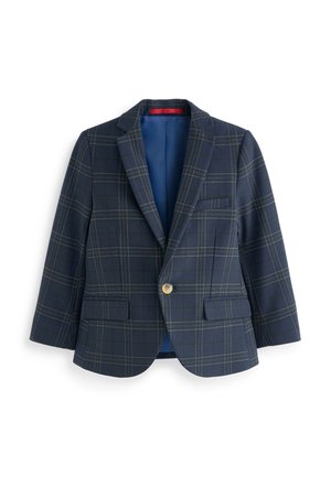 Blazer bleu marine pour garçon avec motif à carreaux gris, fermeture à un bouton, revers crantés et deux poches avant à rabat.