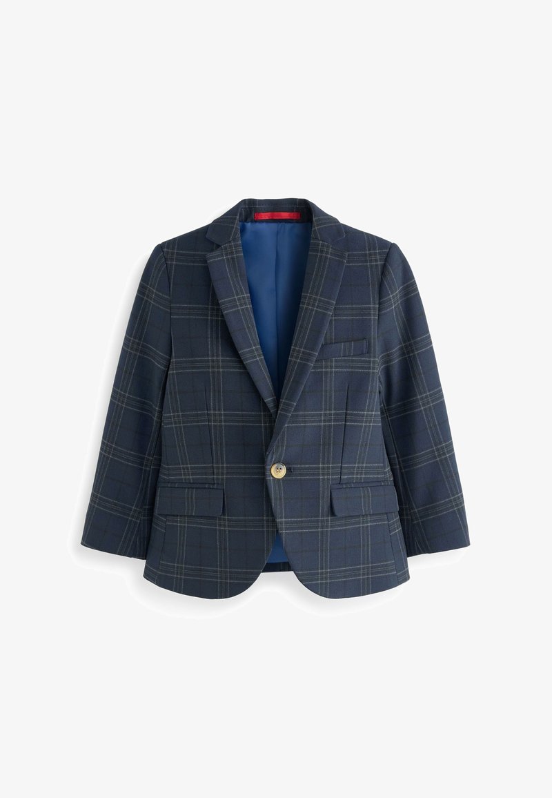 Blazer bleu marine pour garçon avec motif à carreaux gris, fermeture à un bouton, revers crantés et deux poches avant à rabat.