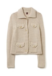 Beige knitted cardigan with a collar, featuring two front pockets and gold buttons. Chunky, textured fabric with ribbed cuffs and hem.