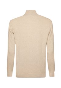 Beige gestrickter Pullover mit einem Stehkragen, langen Ärmeln, Rippstruktur und lockerer Passform. Es sind keine Verzierungen oder Muster vorhanden.