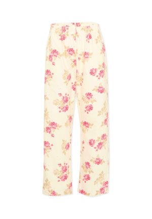 Crèmekleurige broek met roze en beige bloemenprint en een elastische tailleband.