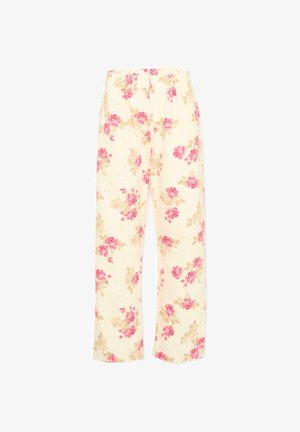 Crèmekleurige broek met roze en beige bloemenprint en een elastische tailleband.