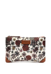 Kukka kuvioitu pussukka, jossa on valkoinen kangaspohja ja ruskeat nahkakoristeet. Pussukassa on erilaisia kukkakuoseja punaisen, vaaleanpunaisen ja sinisen sävyissä.