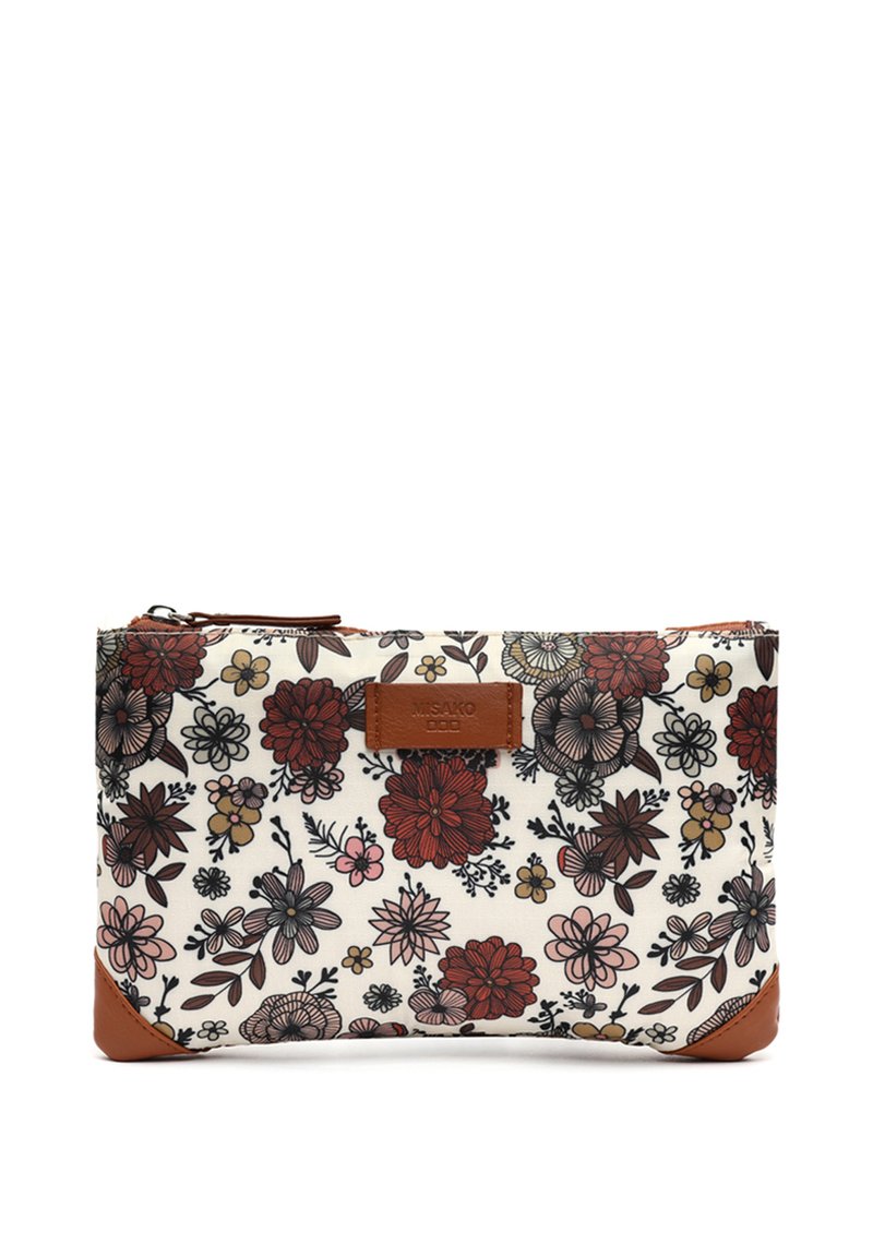 Kukka kuvioitu pussukka, jossa on valkoinen kangaspohja ja ruskeat nahkakoristeet. Pussukassa on erilaisia kukkakuoseja punaisen, vaaleanpunaisen ja sinisen sävyissä.