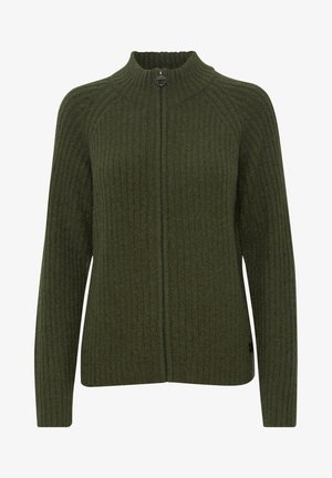 Cardigan en maille côtelée verte avec un col haut, fermeture éclair sur toute la longueur et manches longues. Présente un tissu texturé et une coupe slim.