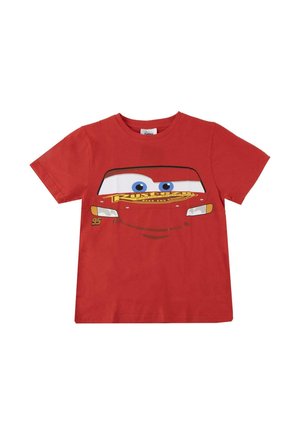 Rotes Kinder-T-Shirt mit einem lächelnden Autogesicht mit blauen Augen, Scheinwerfern und der Nummer 95 vorne.