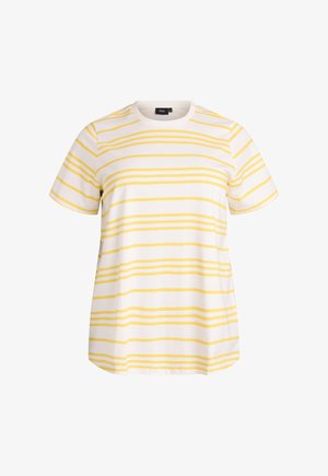 Bijela kratka majica s kratkim rukavima sizmjeničnim tankim i debelim žutim vodoravnim prugama te okruglim izrezom na vratu.