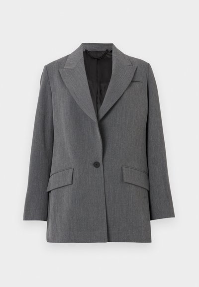 Blazer gris avec un tissu texturé, col à crans, deux poches avant, fermeture à un bouton et doublure intérieure noire.