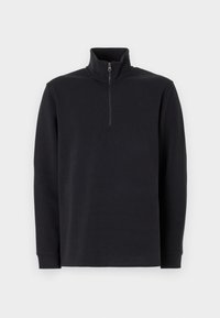 Schwarzer Pullover mit langen Ärmeln, Stehkragen und einem Reißverschluss in Viertellänge an der Vorderseite vor einem weißen Hintergrund.