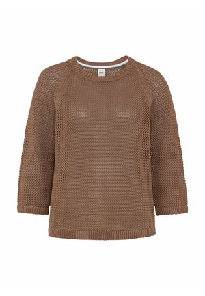 Maglione marrone lavorato a maglia con maniche lunghe 3/4, collo rotondo e motivo a trama aperta testurizzata su tutta la superficie.