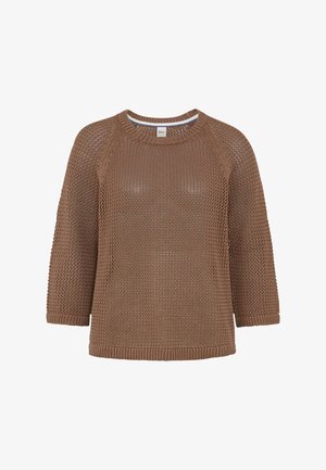 Maglione marrone lavorato a maglia con maniche lunghe 3/4, collo rotondo e motivo a trama aperta testurizzata su tutta la superficie.