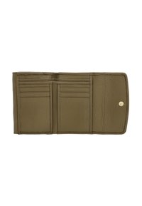 Olive green leather wallet with a textured finish, featuring multiple card slots and a gold snap closure. Interior is unembellished.