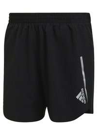 Shorts de sport noirs avec une taille élastique. Comprend un panneau latéral texturé et un logo Adidas réfléchissant en bas à droite.