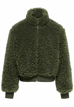 Grüne, flauschige, kurz geschnittene Jacke aus strukturiertem Stoff mit hohem Kragen und gerippten Bündchen, ausgestattet mit einem Frontreißverschluss.