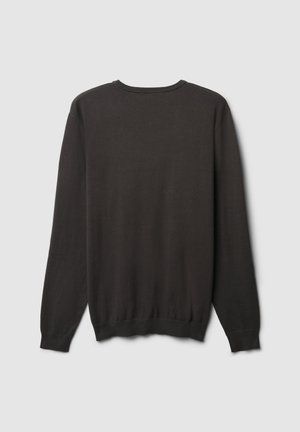 Maglione nero a maniche lunghe, colletto e polsini a coste, texture liscia, design minimalista, senza motivi o grafiche visibili.