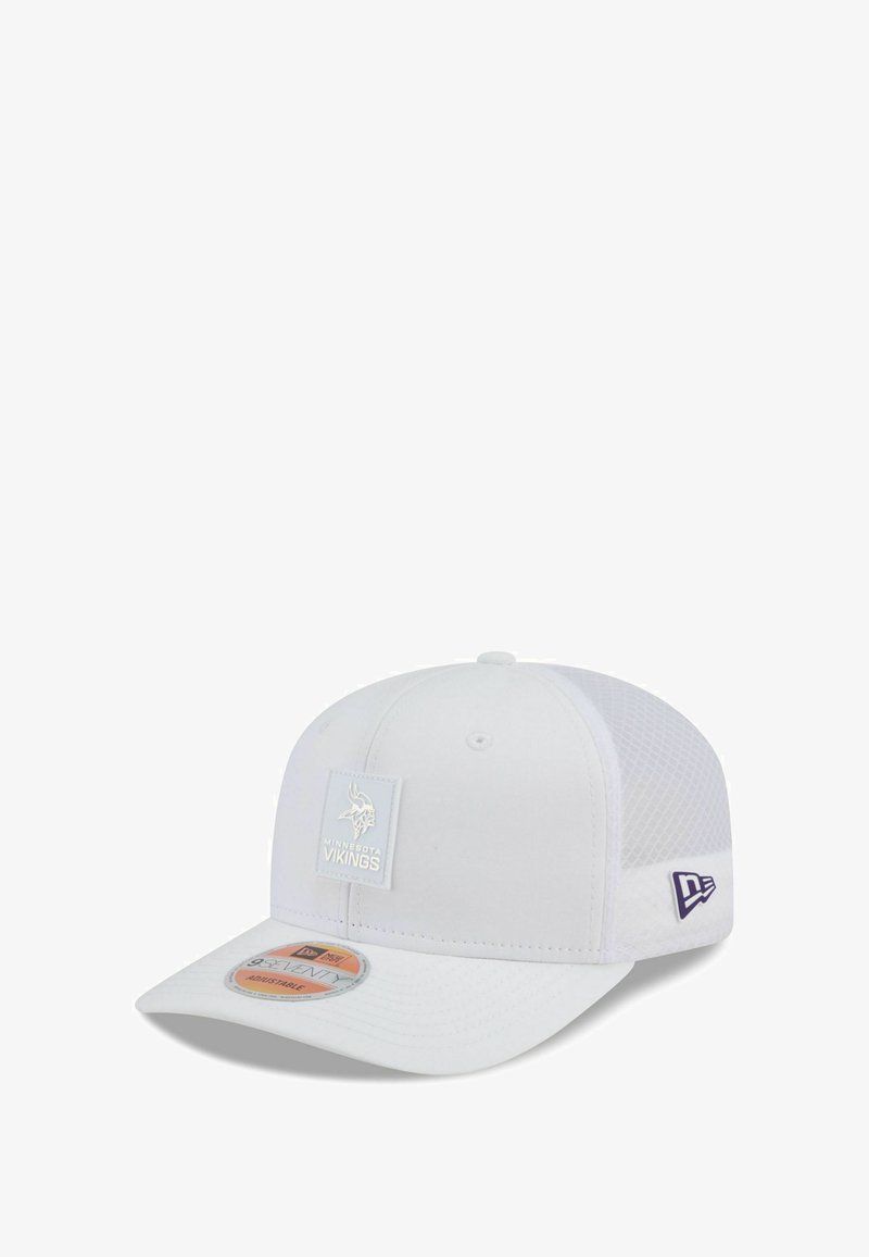 White cap with mesh side panels, a flat brim, and Minnesota Vikings logo patch on front. Adjustable closure at the back.