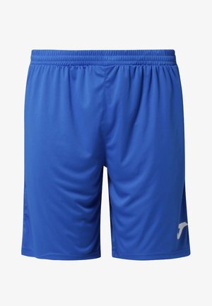 Zilā sporta šorti, kas izgatavoti no gludas, vieglas auduma, ar elastīgu jostu un baltu logo apakšējā labajā stūrī.