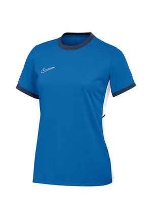 T-shirt de sport bleu à manches courtes avec bordure noire au col et aux manches, panneaux latéraux blancs, et logo Nike blanc sur la poitrine.