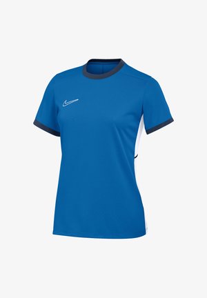 T-shirt de sport bleu à manches courtes avec bordure noire au col et aux manches, panneaux latéraux blancs, et logo Nike blanc sur la poitrine.