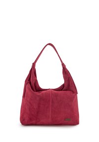 Suede-Handtasche in Dunkelrot mit einem lässigen Design, ausgestattet mit einem geflochtenen Tragegriff und einem Logo-Element auf der Vorderseite. Glatte Textur.
