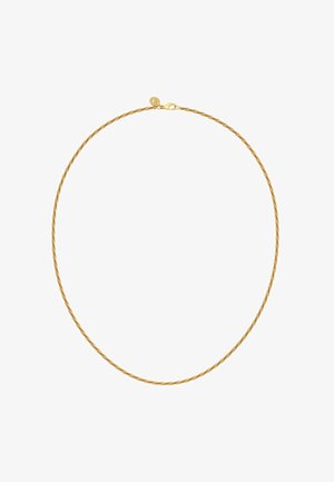 Goldfarbene, verdrehte Metallkette mit Karabinerverschluss und glatter, glänzender Oberfläche. Einfaches, rundes Design.