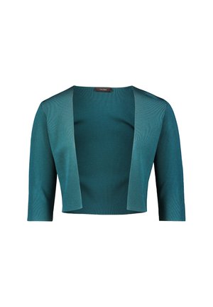 Teal cropped cardigan with a open front design, three-quarter sleeves, made from ribbed fabric with a smooth texture. Features a subtle sheen.