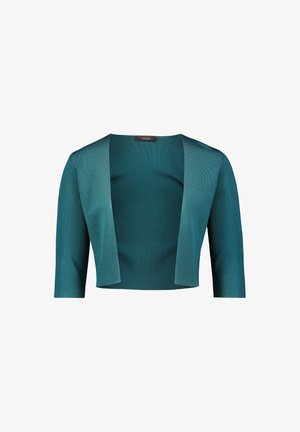 Türkisfarbener, verkürzter Cardigan mit offenem Design, Dreiviertelärmeln, hergestellt aus geripptem Stoff mit glatter Textur. Verfügt über einen subtilen Glanz.