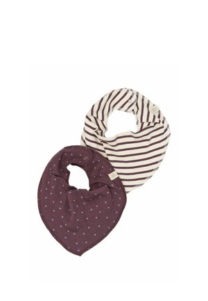 Two soft fabric baby bandana bibs, one cream with brown stripes and one dark purple with small light blue heart patterns.