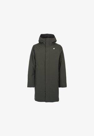 Ciemnozielona, długa, pikowana kurtka z kapturem. Posiada zamek błyskawiczny z przodu, boczne kieszenie oraz małe logo na klatce piersiowej. Gładka tekstura.