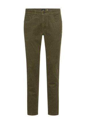 Olivgrüne Cordhose mit schmaler Passform, fünf Taschen und frontaler Knopfverschluss. Weicher Stoff und gerades Bein-Design.