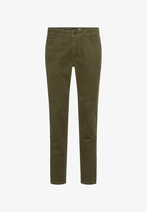 Olivgrüne Cordhose mit schmaler Passform, fünf Taschen und frontaler Knopfverschluss. Weicher Stoff und gerades Bein-Design.