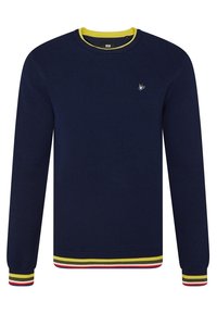 Mörkblå stickad tröja med rund halsringning, med gula, röda och gröna randiga detaljer vid ärmsluten och nederkanten. Liten logga på bröstet.