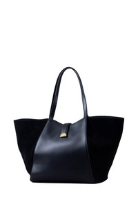 Black tote bag featuring a sleek design with smooth leather and textured suede panels. Accented with a gold hardware detail.