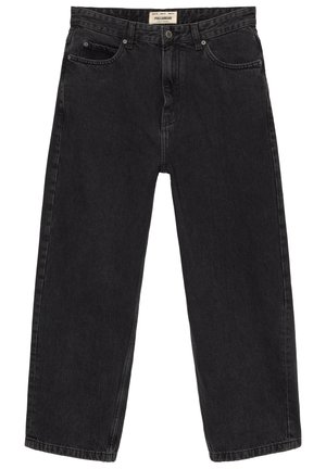 Black denim jeans with a loose, straight-leg fit. Features include front pockets, a button closure, and contrast stitching.