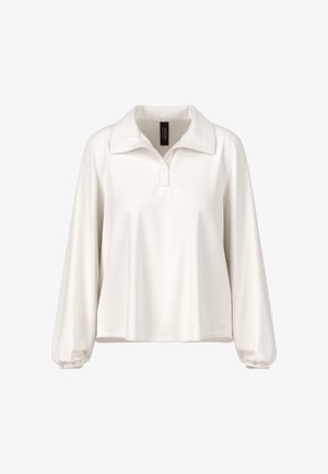 Weißes Langarm-Polohemd aus glattem Stoff, mit klassischem Kragen und geknöpfter Leiste sowie elastischen Bündchen an den Ärmeln.