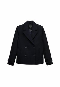 Mörkblå dubbelknäppt sjömansrock i ull, med en spetssvängd krage, två framfickor och knappärmar med silverdetaljer.