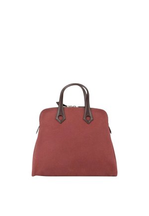 Sac à main carré marron avec tissu texturé et poignées arrondies marron foncé sur fond blanc.