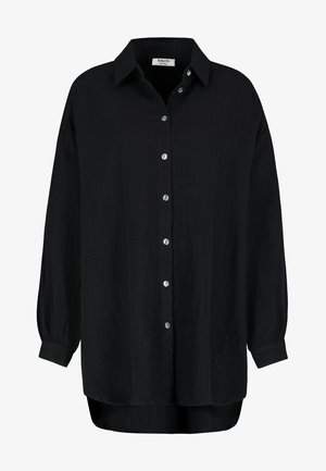 Black, button-up shirt made of textured fabric, featuring a collar, long sleeves, and a curved hem. Buttons are clear with a slight sheen.