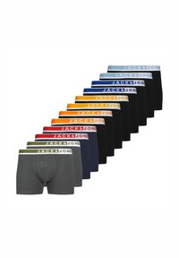 Paket mit elf Paar Herrenslips in verschiedenen Farben; der Bund zeigt das Logo "JACK & JONES". Materialien und Textur sind nicht spezifiziert.