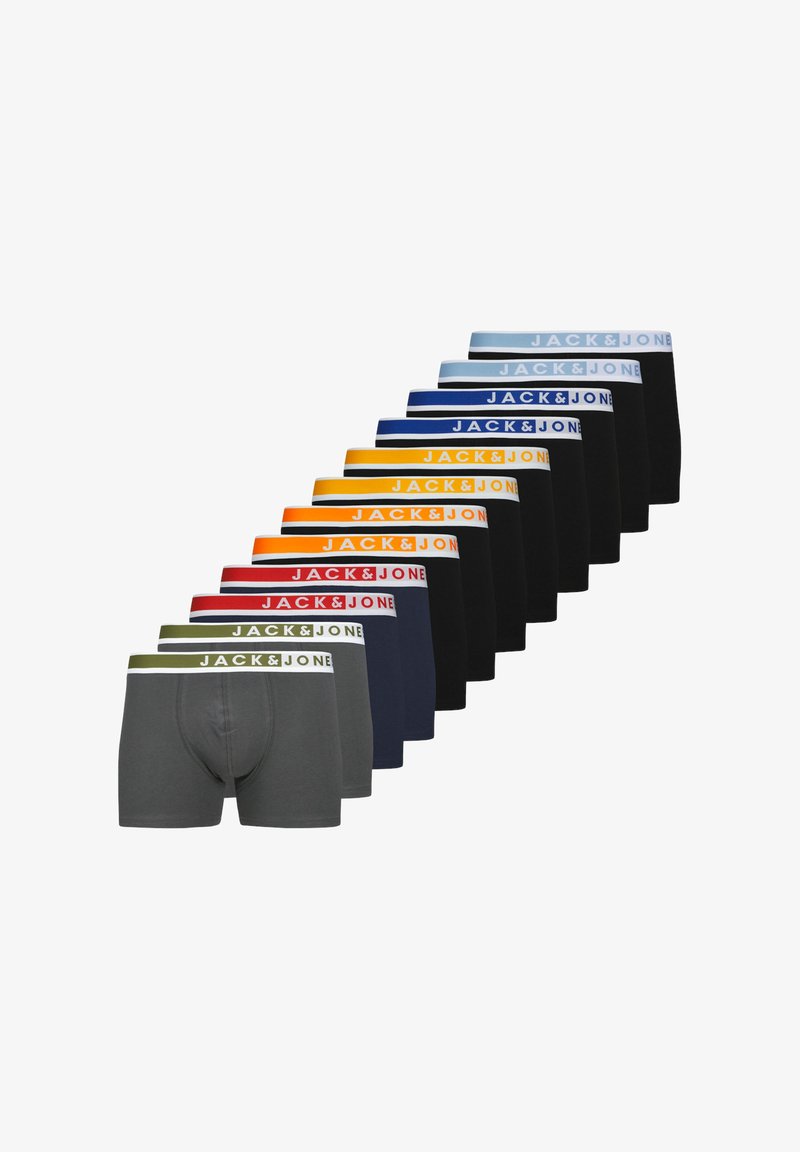 Pak enaj parov moških bokseric v različnih barvah; pas vsebuje logo "JACK & JONES". Materiali in tekstura nista specificirana.