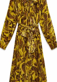 Vestito a maniche lunghe con motivo floreale in tonalità gialle e marroni, con vita con cintura e dettaglio annodato al collo e alle maniche.