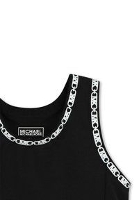 Zwarte tanktop met een witte kettingprint rond de kraag en armsgaten. Inclusief een logolabel aan de voorkant. Gladde stoftextuur.