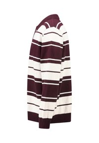 Gebreide trui met bordeauxrode en crèmekleurige horizontale strepen, ribgebreide kraag en manchetten, middelzware stof, klassieke pasvorm en een strak ontwerp.