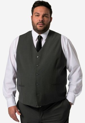 Dark grey waistcoat with six buttons, two front pockets, worn over a white dress shirt and black tie. Smooth fabric with a tailored fit.