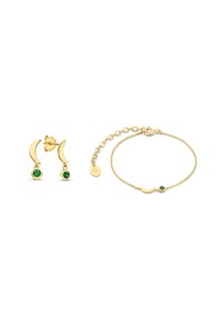 Goldfarbene Schmuckset mit ohrringen in Form eines Halbmondes, verziert mit grünen Edelsteinen, sowie einem passenden Armband mit einem Mondakzent und einem Verschluss.